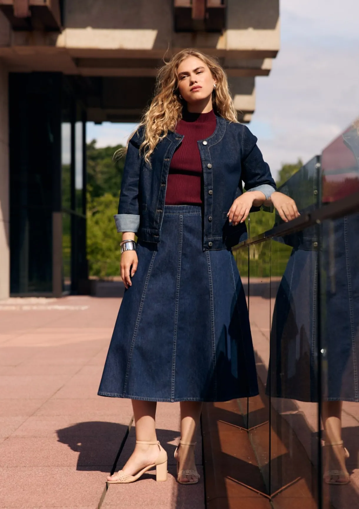 LolaLiza Denim midi-rok met flair- Rokken