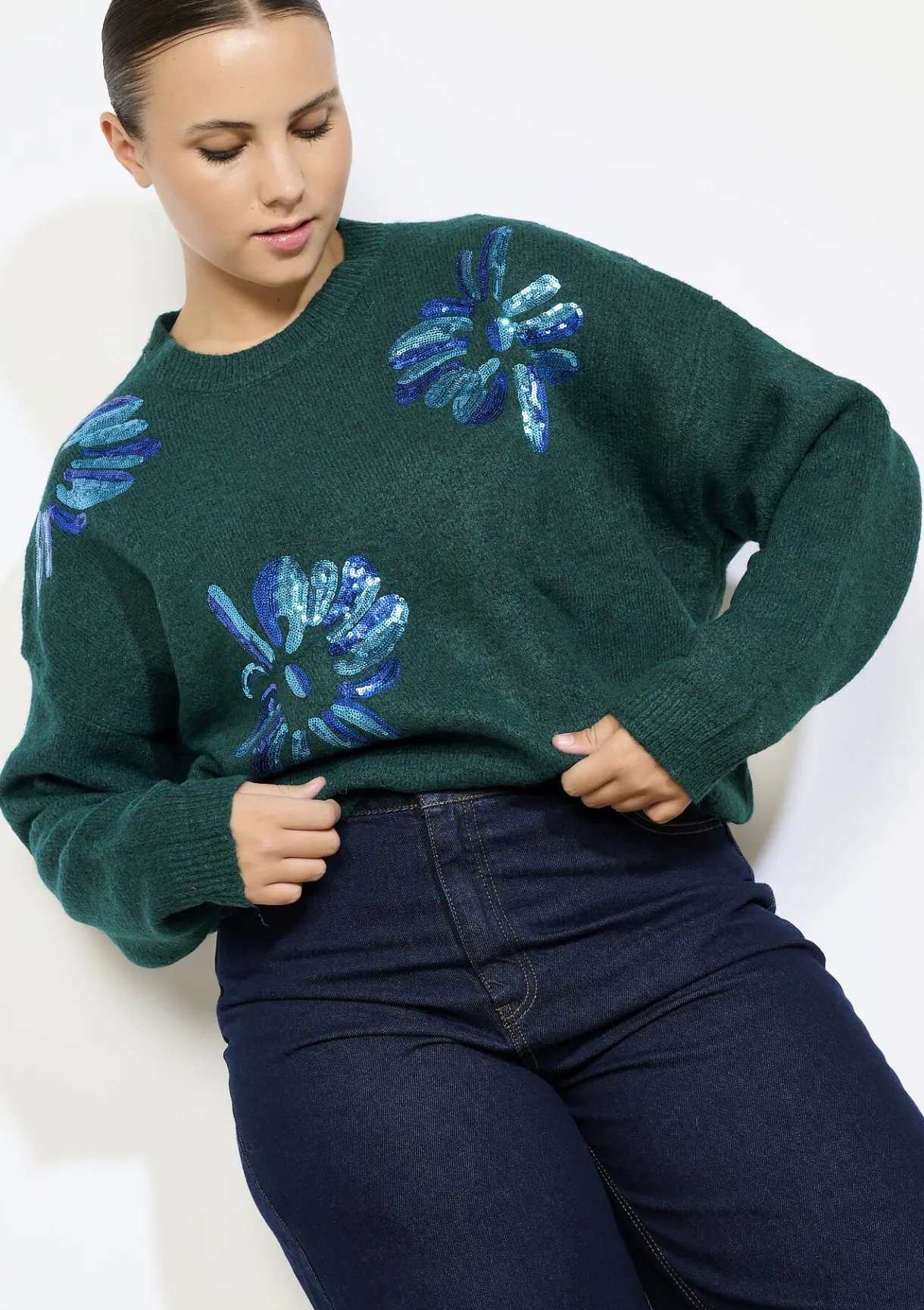 LolaLiza Gebreide trui met paillettenbloemen- Truien En Cardigans