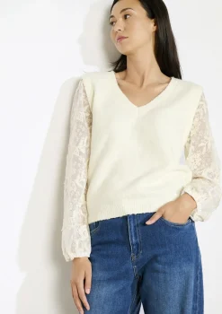 LolaLiza V-hals trui met kanten mouwen- Truien En Cardigans